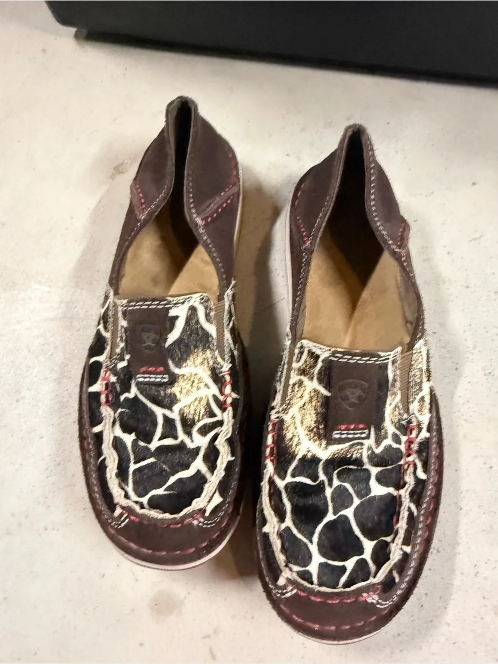 Ariat Brown and Black Giraffe-Print Leather Slip-On Shoes